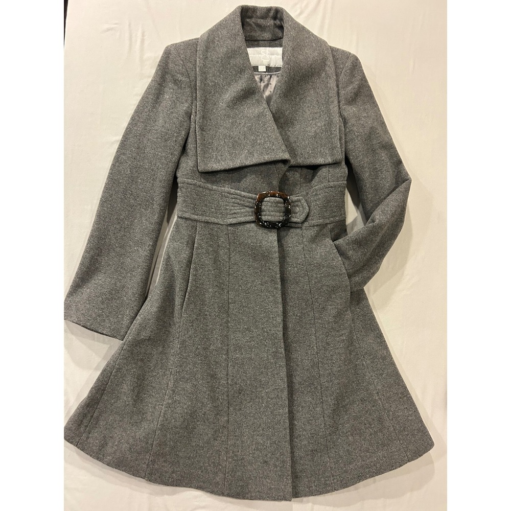 Jessica Simpson Gray Wool Blend Belted Shawl Collar Fit & Flare Coat Small